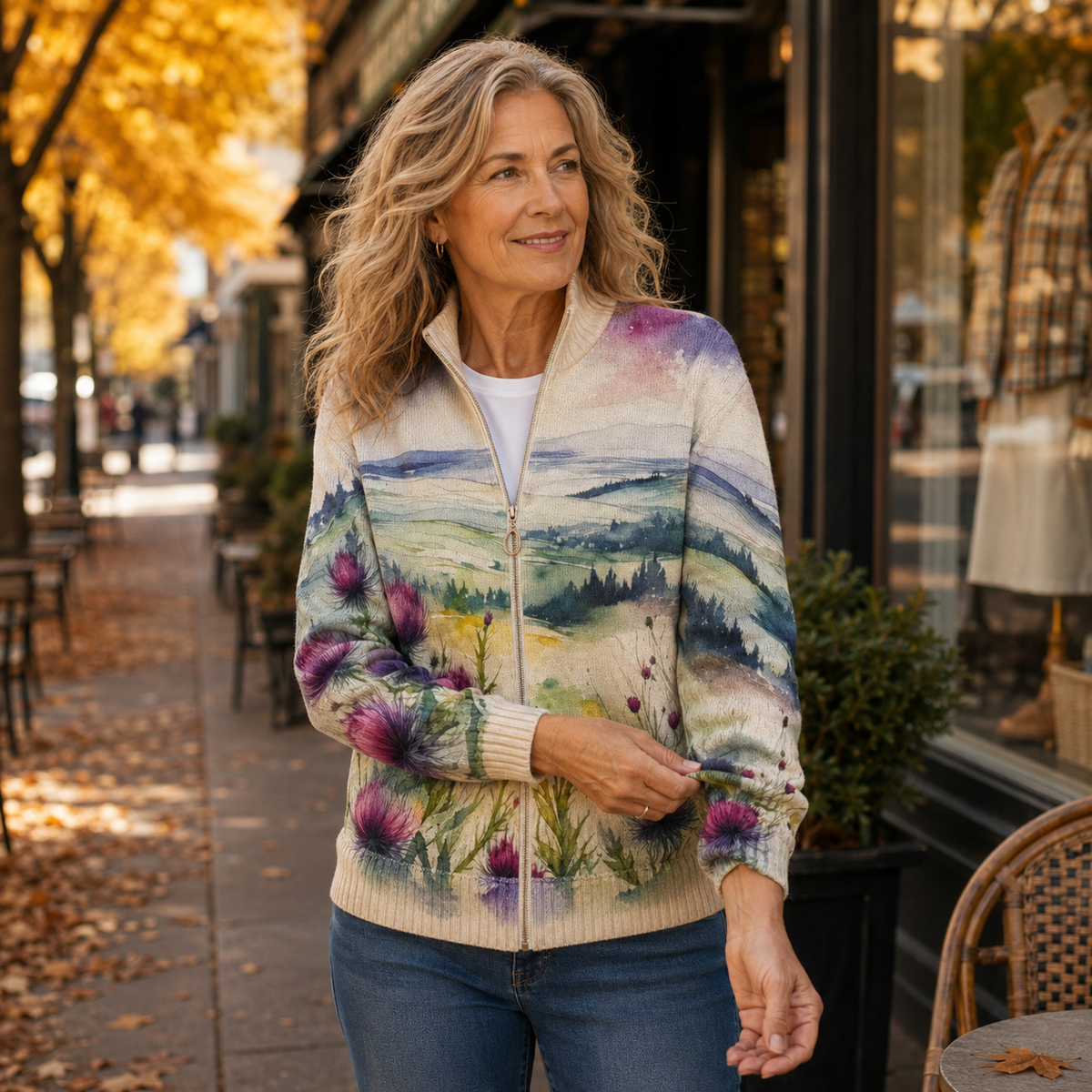 Zelda™ | Schotse Distel Landschap Zip Cardigan
