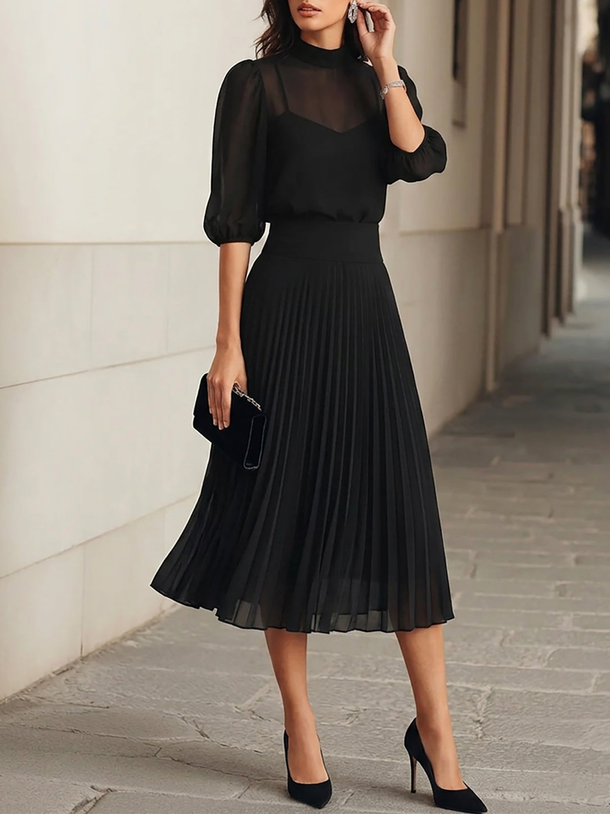 Zwart Chiffon Top En Plissé Midi Rok Drie Delige Set