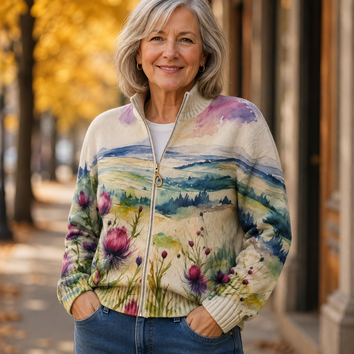 Zelda™ | Schotse Distel Landschap Zip Cardigan