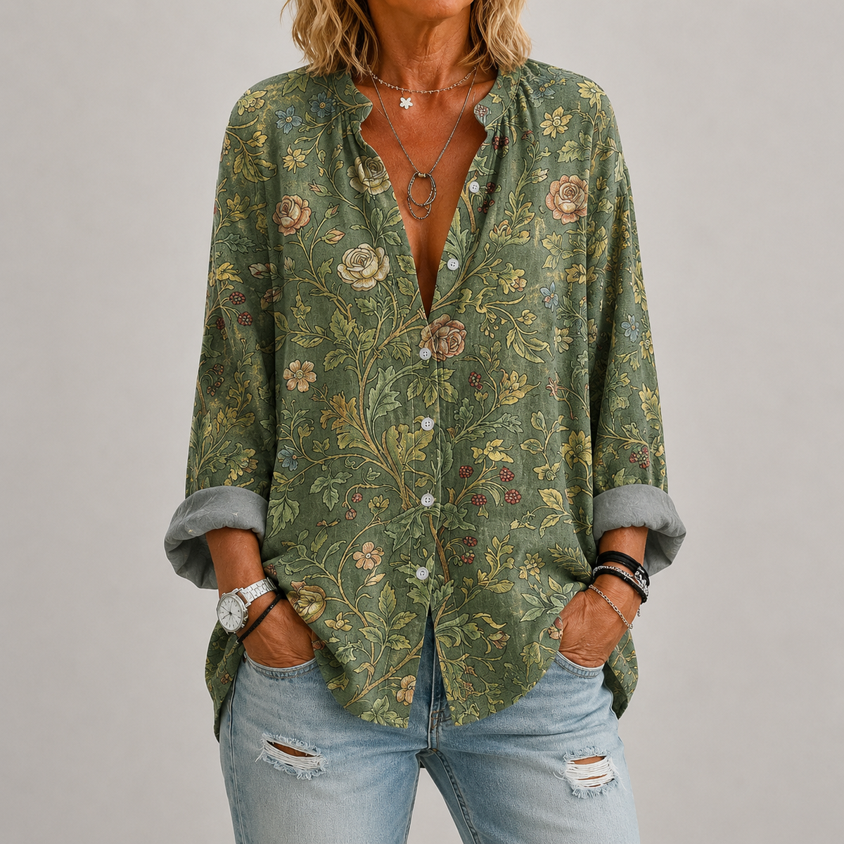Phileine | Groene blouse met bloemenprint