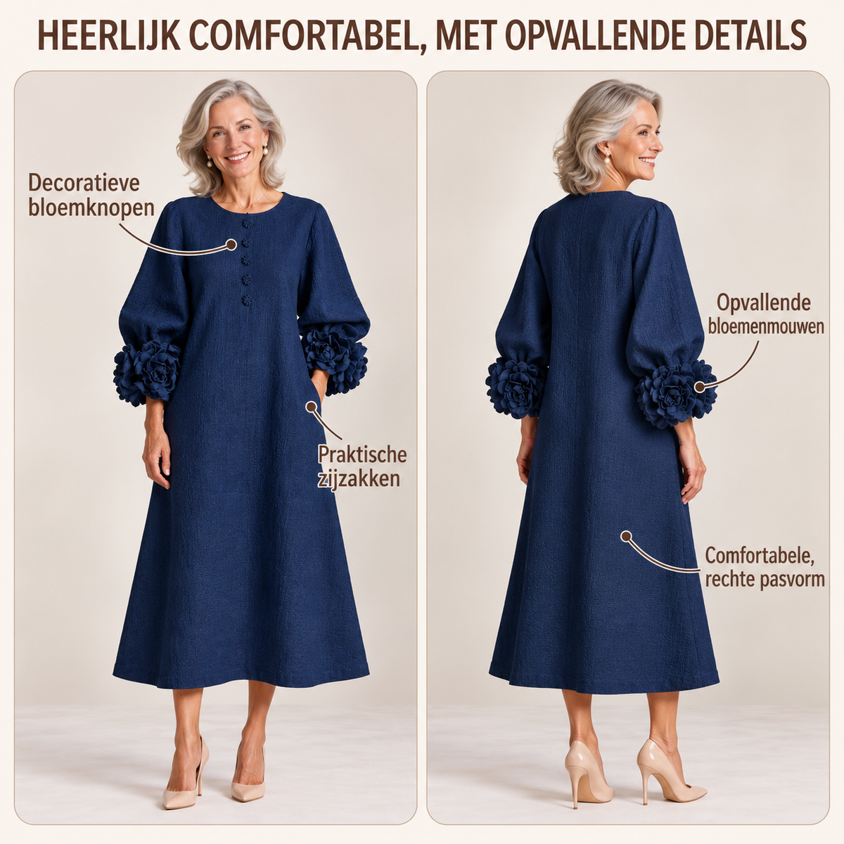 Marineblauwe Bloemen Button-down Midi-jurk Met Opvallende Bloemenmanchetten