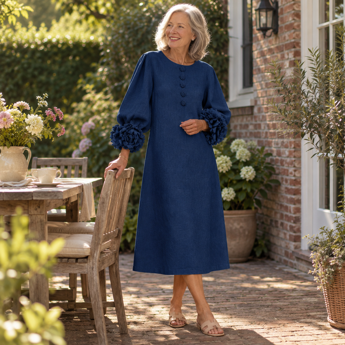 Marineblauwe Bloemen Button-down Midi-jurk Met Opvallende Bloemenmanchetten