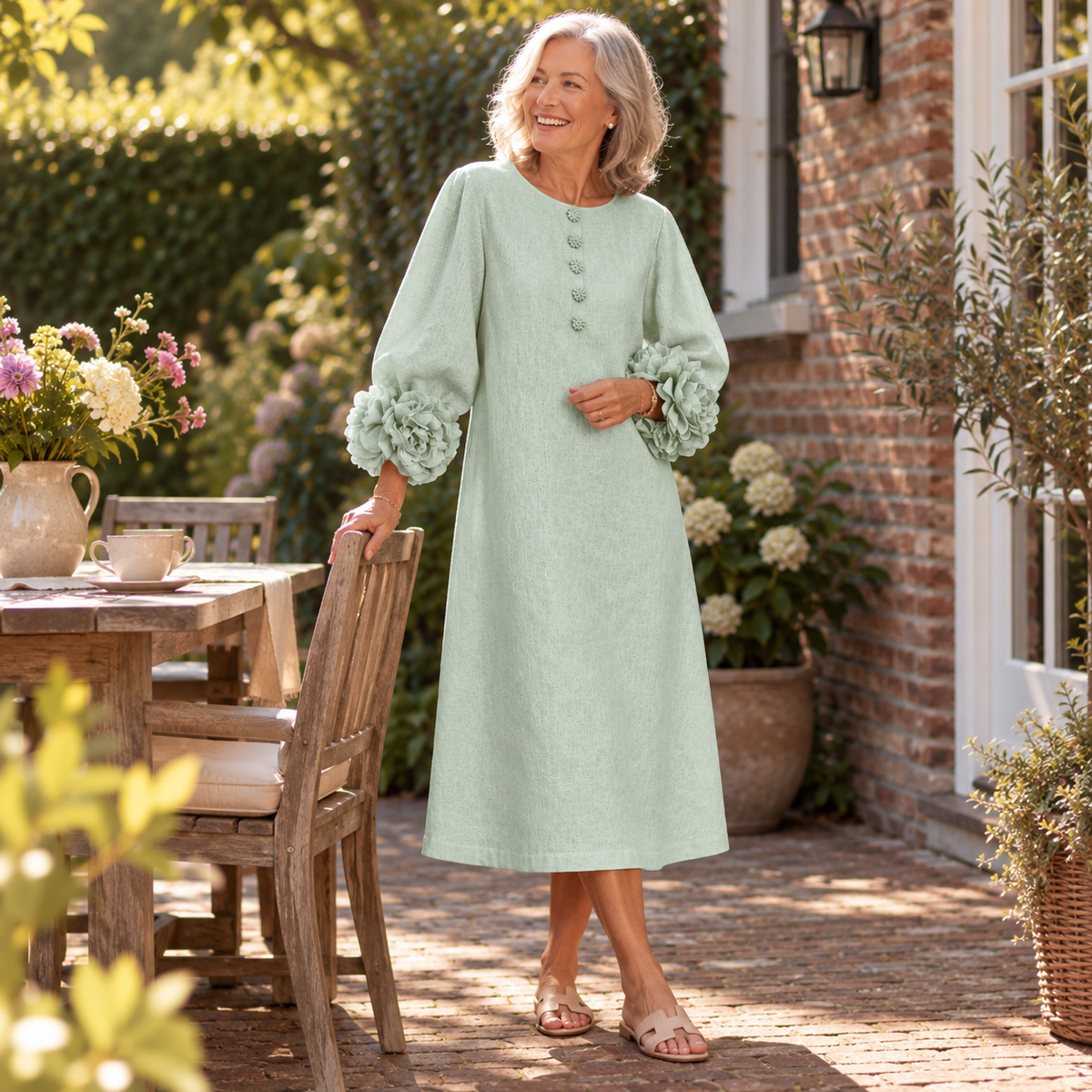 Sage Mist Bloemen Knop-down Midi Jurk Met Opvallende Bloemen Manchetten
