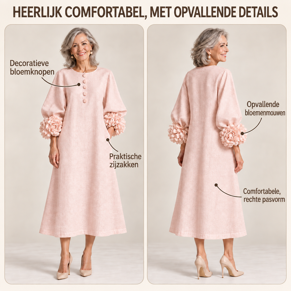 Roze Bloemen Knop-down Midi Jurk Met Opvallende Bloemenmanchetten