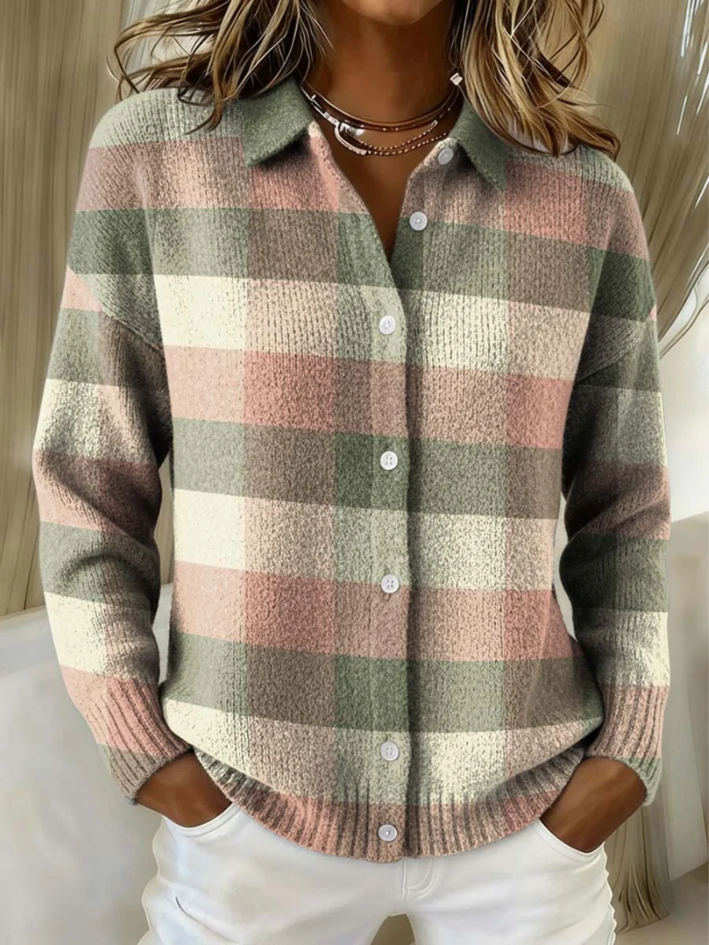 Grace | Pastel Geruite Brei Cardigan