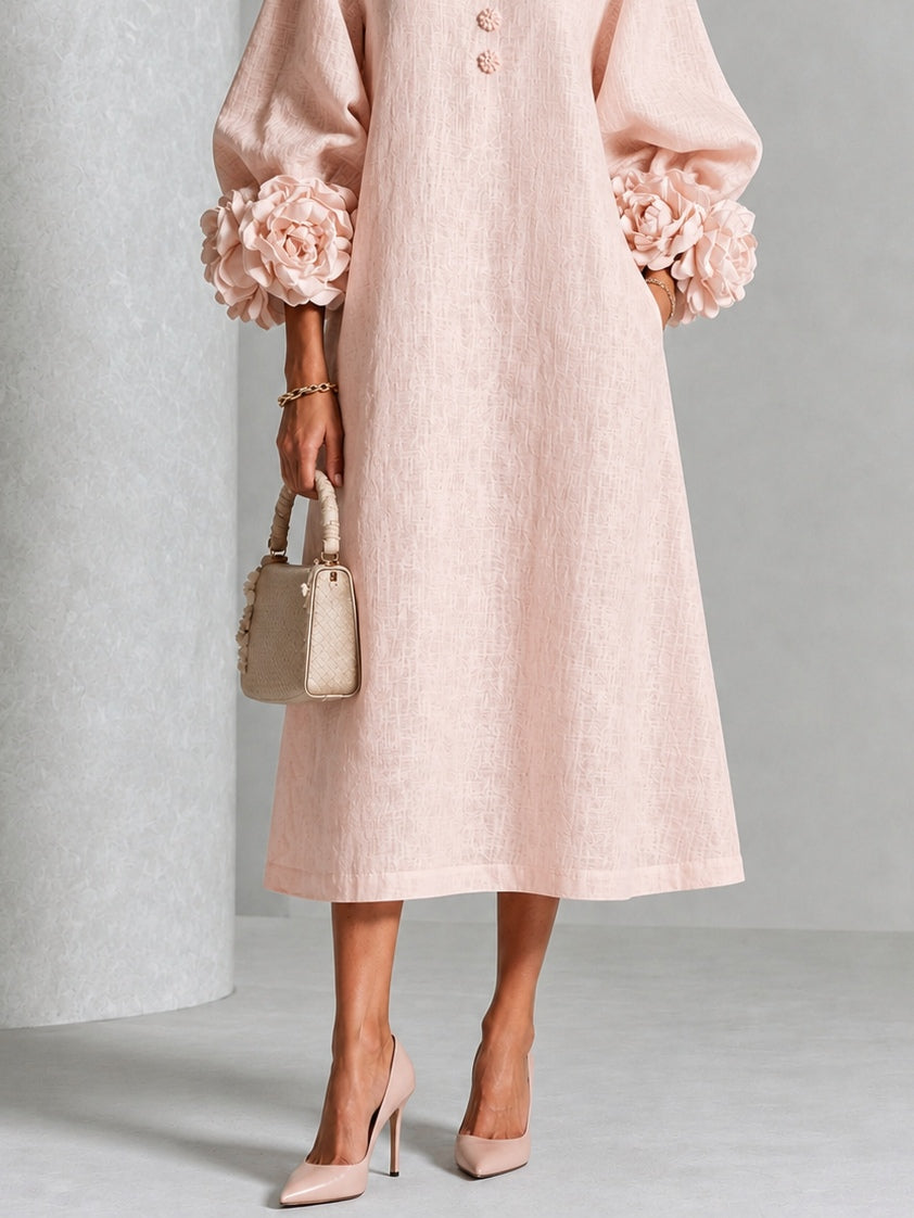 Roze Bloemen Knop-down Midi Jurk Met Opvallende Bloemenmanchetten