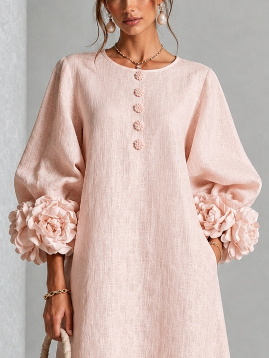 Roze Bloemen Knop-down Midi Jurk Met Opvallende Bloemenmanchetten