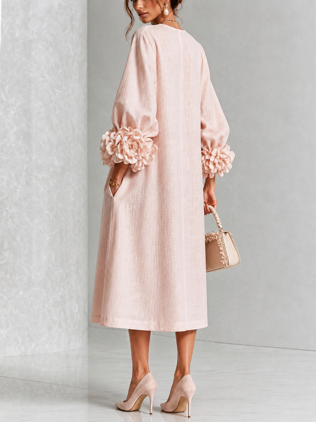 Roze Bloemen Knop-down Midi Jurk Met Opvallende Bloemenmanchetten