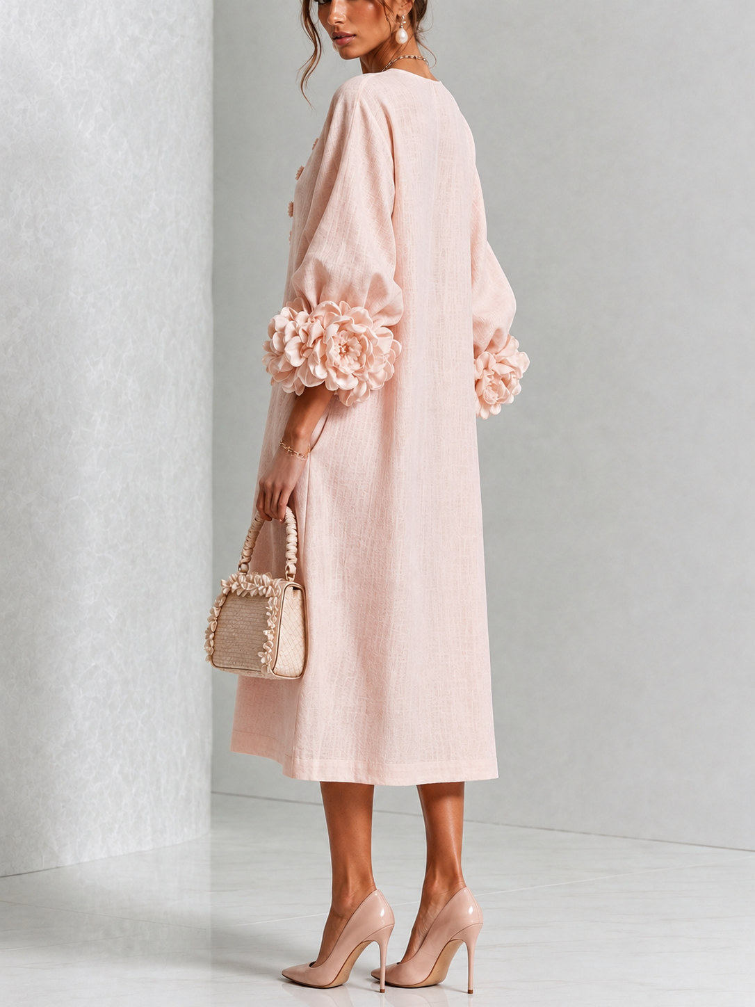 Roze Bloemen Knop-down Midi Jurk Met Opvallende Bloemenmanchetten