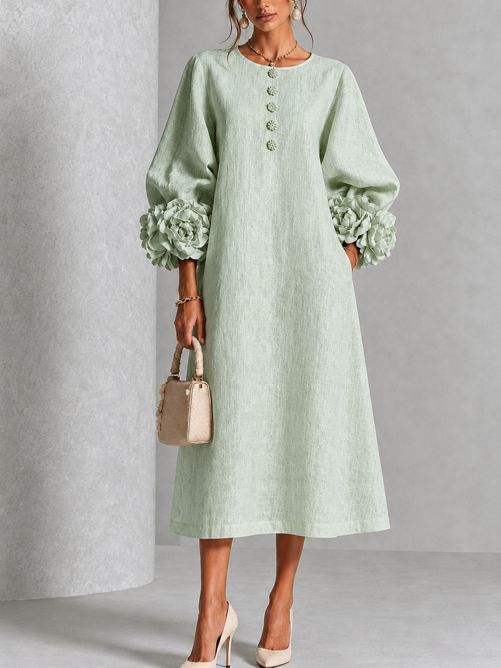 Sage Mist Bloemen Knop-down Midi Jurk Met Opvallende Bloemen Manchetten