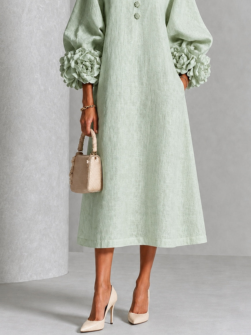 Sage Mist Bloemen Knop-down Midi Jurk Met Opvallende Bloemen Manchetten