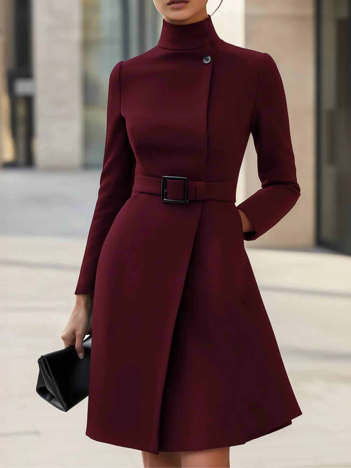 Elegante Hoge Hals Tailleband A-lijn Midi Jurk (met riem)