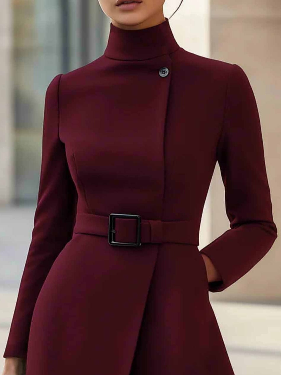Elegante Hoge Hals Tailleband A-lijn Midi Jurk (met riem)