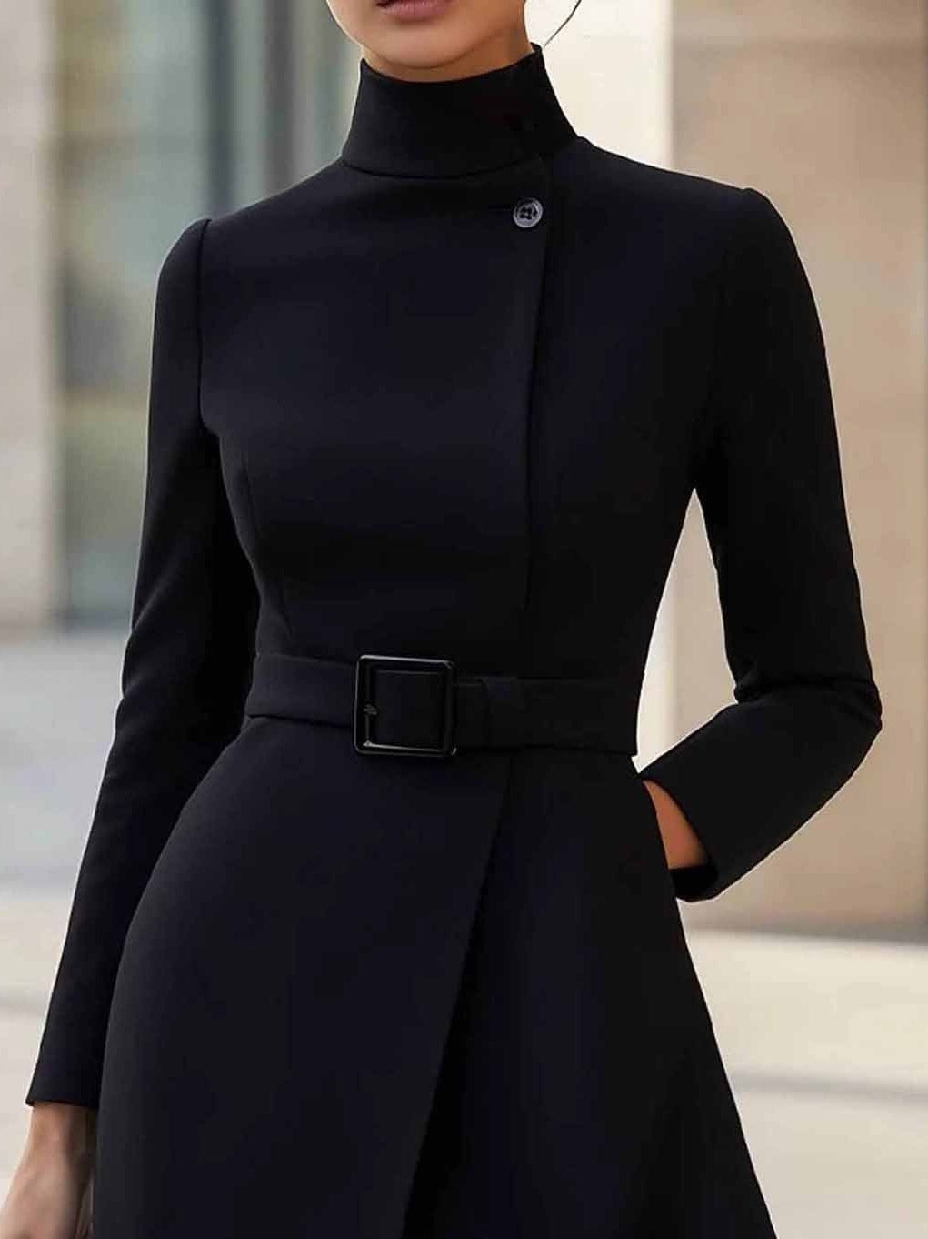 Elegante Hoge Hals Tailleband A-lijn Midi Jurk (met riem)