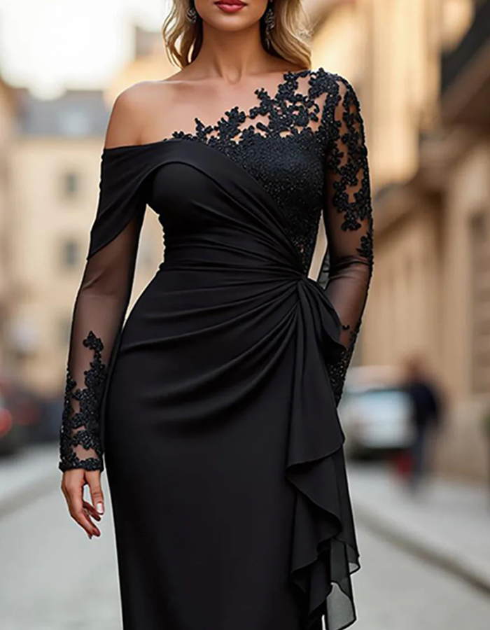 Maxi-jurk met één schouder, effen kleur, kant en geplooide stof