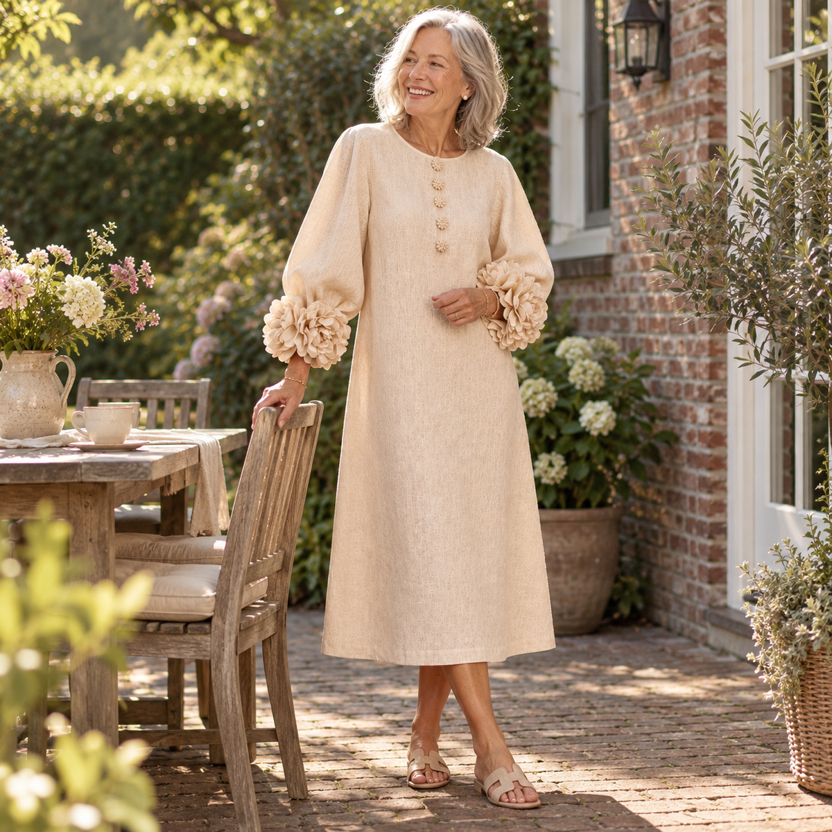 Beige Bloemen Knopen Midi Jurk Met Opvallende Bloemen Mouwen