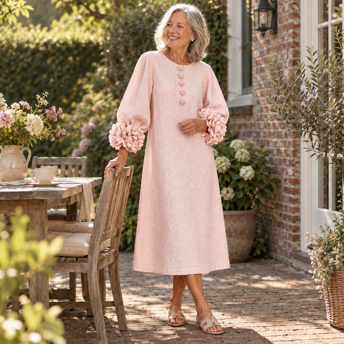 Roze Bloemen Knop-down Midi Jurk Met Opvallende Bloemenmanchetten