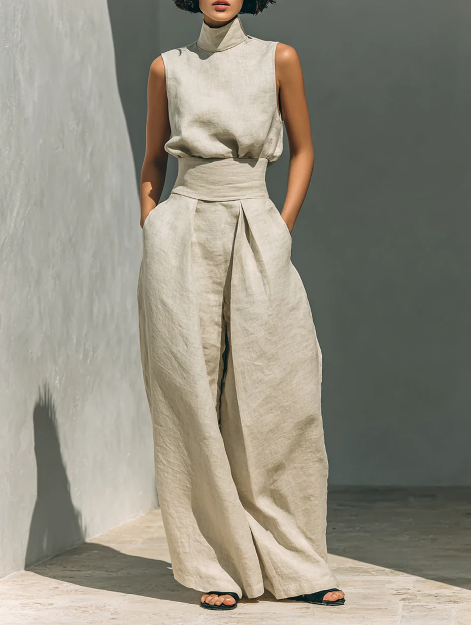 Julie™ | Twee-delig beige linnen set met mouwloze top en brede broek