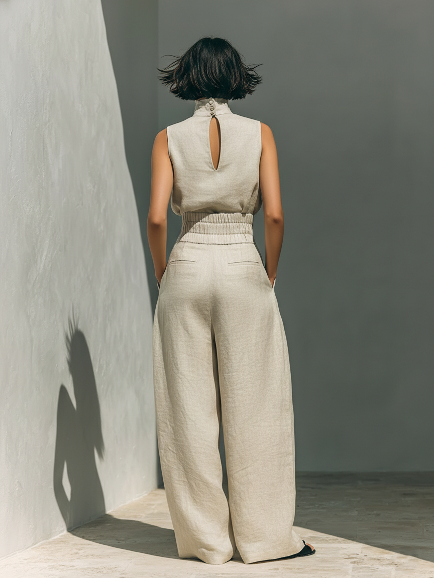 Julie™ | Twee-delig beige linnen set met mouwloze top en brede broek