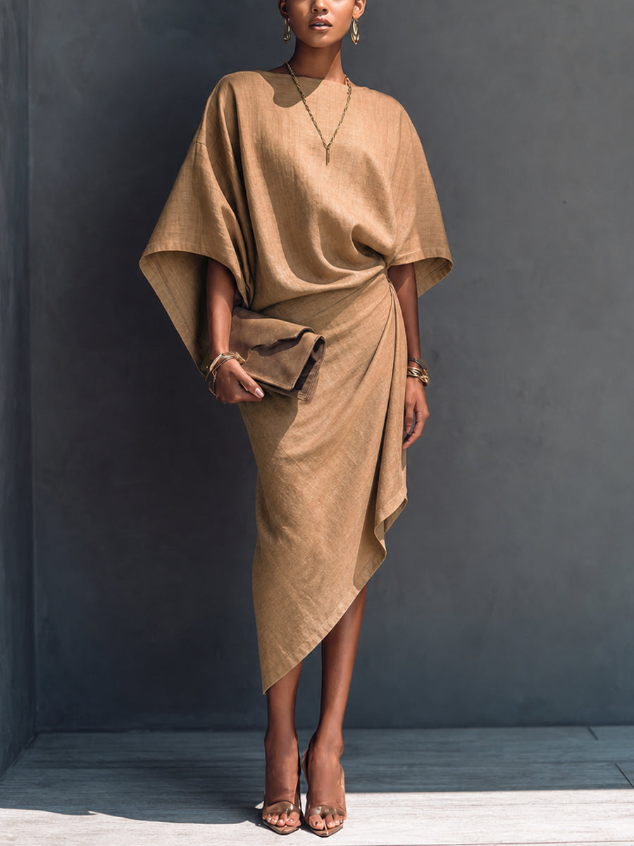 Khaki Draped Asymmetrische Midi-jurk met Korte Mouwen
