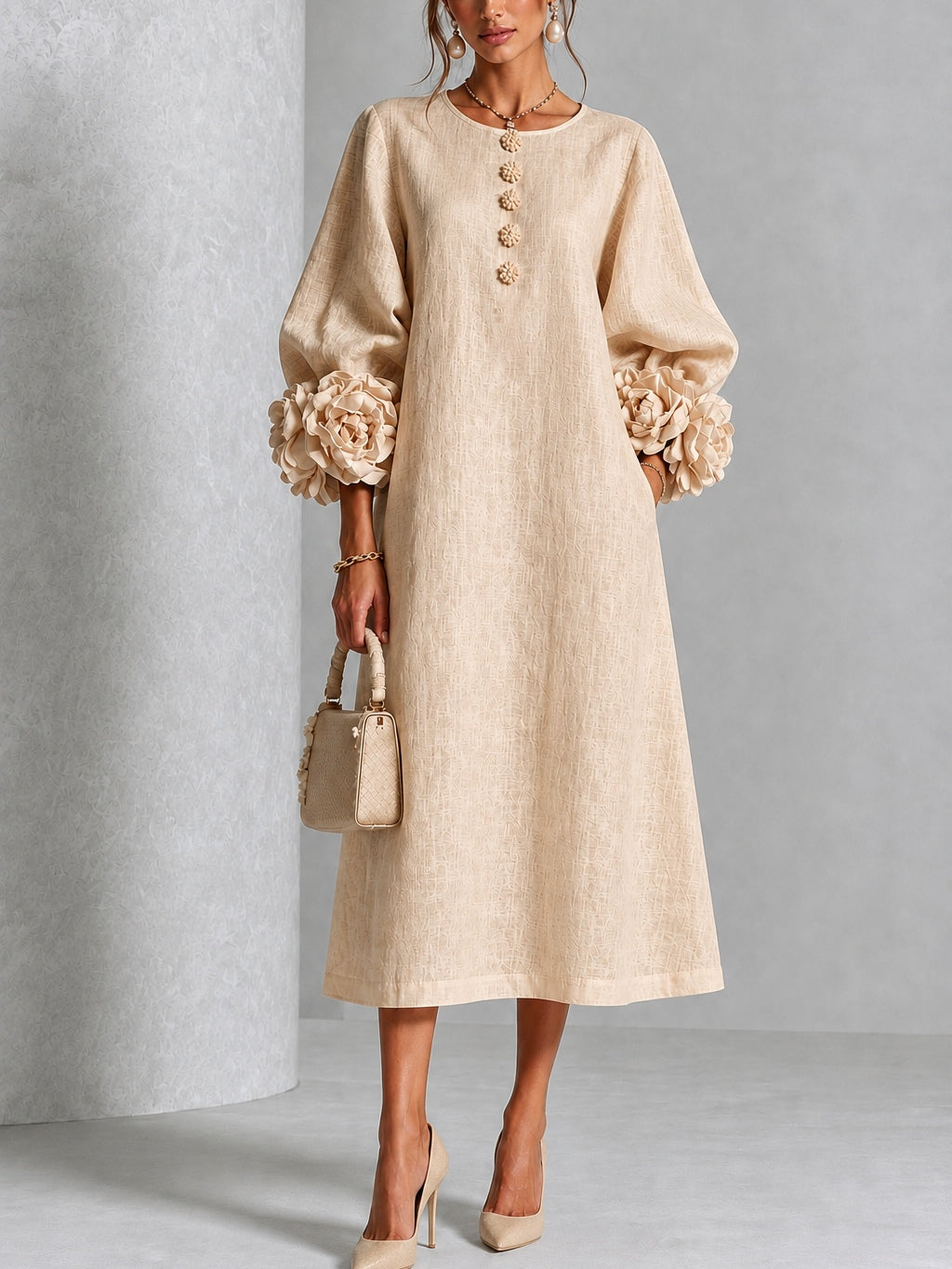 Beige Bloemen Knopen Midi Jurk Met Opvallende Bloemen Mouwen